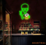 Green Alien Drinking Beer Neon Sign LED Signs for Wall Decor Signs for Bedroom Man Cave Game Room Bar Beer Pub Sign