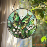 Green Butterfly and Lily of the Valley Stained Glass Suncatcher Spring Floral Window Hanging Art Nature Insect Garden