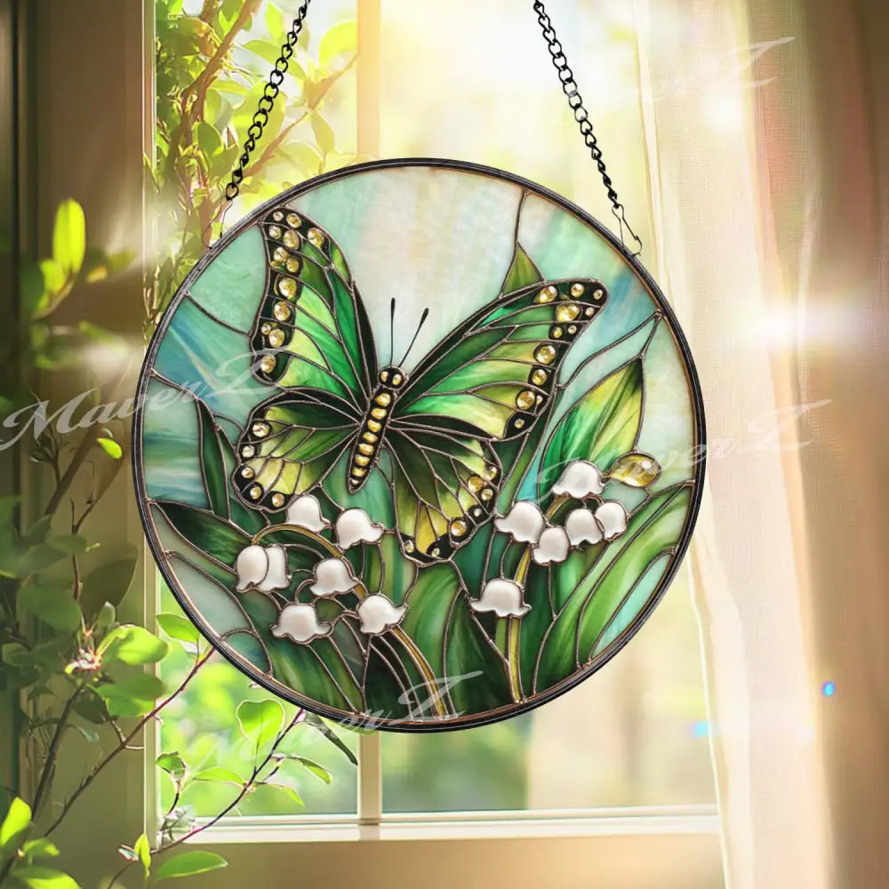 Green Butterfly and Lily of the Valley Stained Glass Suncatcher Spring Floral Window Hanging Art Nature Insect Garden