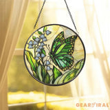 Green Butterfly and Lily of the Valley Stained Glass Suncatcher Spring Floral Window Hanging Nature Glass Art Gift