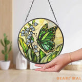 Green Butterfly and Lily of the Valley Stained Glass Suncatcher Spring Floral Window Hanging Nature Glass Art Gift