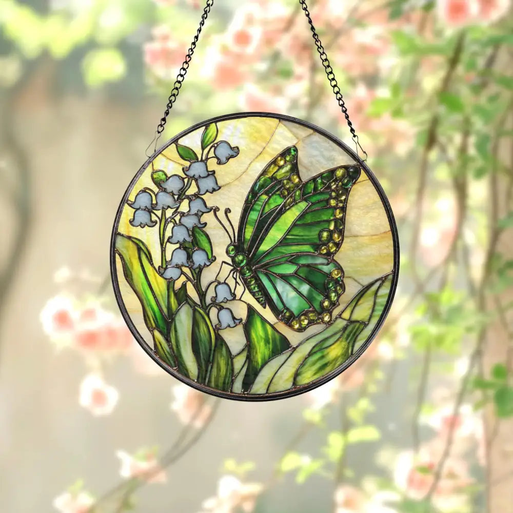 Green Butterfly and Lily of the Valley Stained Glass Suncatcher Spring Floral Window Hanging Nature Glass Art Gift