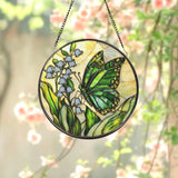 Green Butterfly and Lily of the Valley Stained Glass Suncatcher Spring Floral Window Hanging Nature Glass Art Gift