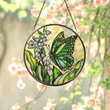 Green Butterfly and Lily of the Valley Stained Glass Suncatcher Spring Floral Window Hanging Nature Glass Art Gift