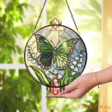 Green Butterfly Stained Glass Suncatcher Lily of the Valley Window Panel Nature Garden Decor Spring Butterfly Glass Art