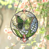 Green Butterfly Stained Glass Suncatcher Lily of the Valley Window Panel Nature Garden Decor Spring Butterfly Glass Art