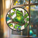 Green Frog Stained Glass Suncatcher Lotus Flower Window Hanging Outdoor Nature Decor Amphibian Lover Gift Garden Room