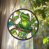 Green Frog Stained Glass Suncatcher Lotus Flower Window Hanging Outdoor Nature Decor Amphibian Lover Gift Garden Room