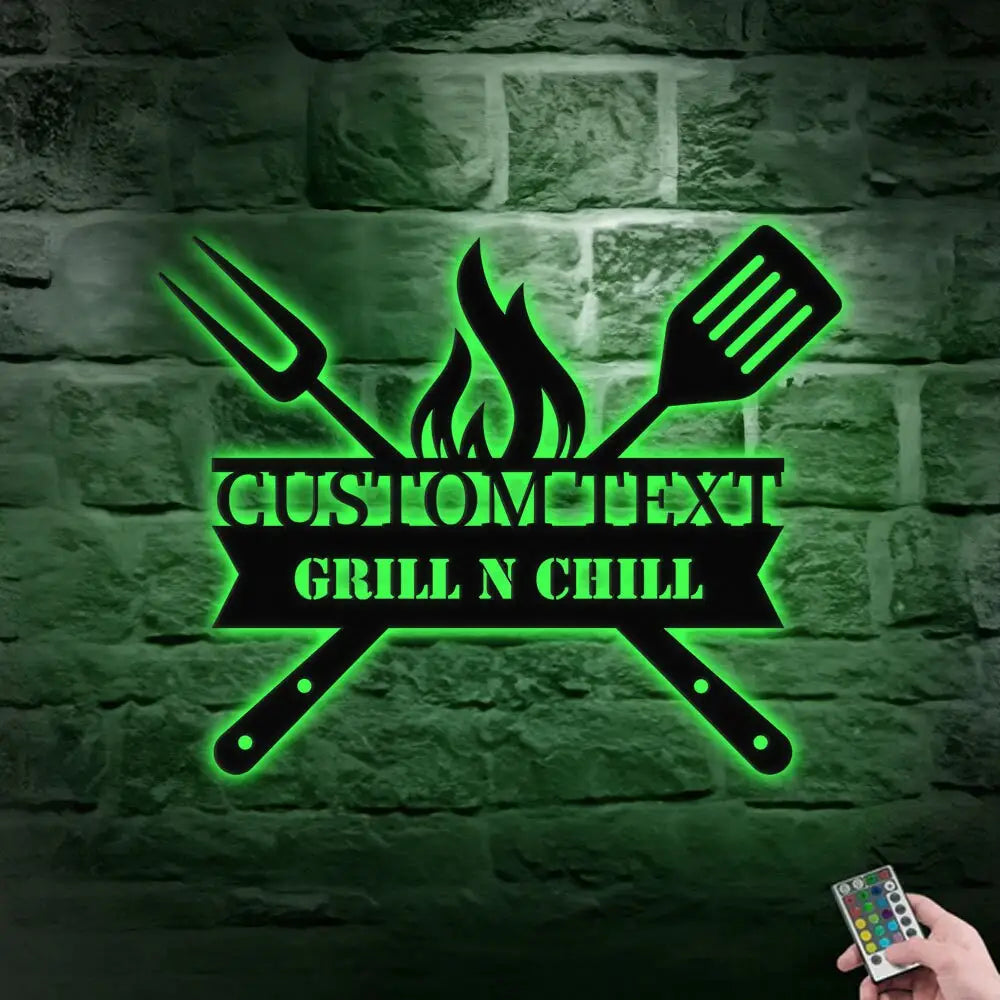 Grill Sign Metal Wall Art - Personalized Grill and Chill Metal LED Sign Kitchen Sign Wall Decor Outdoor Metal Sign
