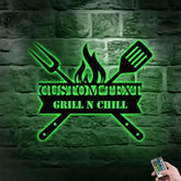 Grill Sign Metal Wall Art - Personalized Grill and Chill Metal LED Sign Kitchen Sign Wall Decor Outdoor Metal Sign