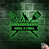Grill Sign Metal Wall Art - Personalized Grill and Chill Metal LED Sign Kitchen Sign Wall Decor Outdoor Metal Sign