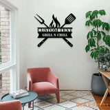 Grill Sign Metal Wall Art - Personalized Grill and Chill Metal LED Sign Kitchen Sign Wall Decor Outdoor Metal Sign