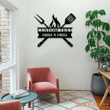Grill Sign Metal Wall Art - Personalized Grill and Chill Metal LED Sign Kitchen Sign Wall Decor Outdoor Metal Sign