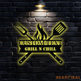 Grill Sign Metal Wall Art - Personalized Grill and Chill Metal LED Sign Kitchen Sign Wall Decor Outdoor Metal Sign