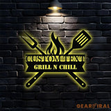 Grill Sign Metal Wall Art - Personalized Grill and Chill Metal LED Sign Kitchen Sign Wall Decor Outdoor Metal Sign