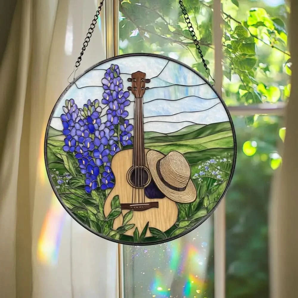 Guitar & Hat Stained Glass Suncatcher Country Window Hanging with Bluebonnets Rustic Music Decor Round Farmhouse Panel