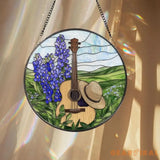 Guitar & Hat Stained Glass Suncatcher Country Window Hanging with Bluebonnets Rustic Music Decor Round Farmhouse Panel
