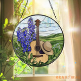 Guitar & Hat Stained Glass Suncatcher Country Window Hanging with Bluebonnets Rustic Music Decor Round Farmhouse Panel
