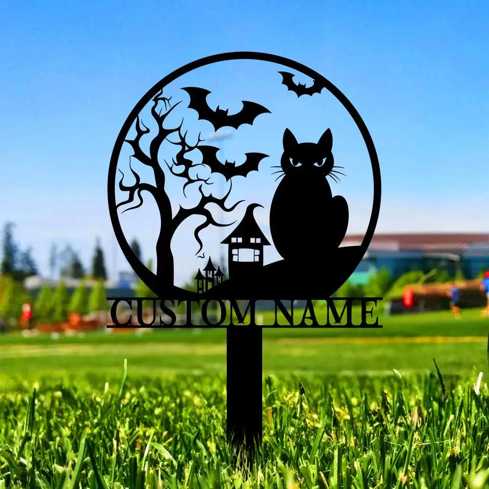 Halloween Metal Sign Black Cat Garden Metal Stake Personalized Family Name Yard Sign Outdoor Door Garden Decor Garden