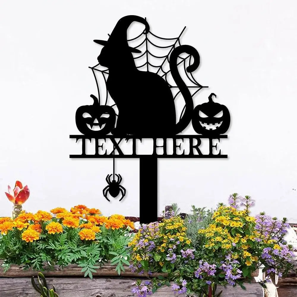 Halloween Metal Sign Cat with Hat Garden Metal Stake Personalized Name Yard Sign Outdoor Door Garden Decor Garden Art