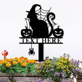 Halloween Metal Sign Cat with Hat Garden Metal Stake Personalized Name Yard Sign Outdoor Door Garden Decor Garden Art
