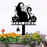 Halloween Metal Sign Cat with Hat Garden Metal Stake Personalized Name Yard Sign Outdoor Door Garden Decor Garden Art