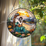 Harp Girl Stained Glass Suncatcher Sunset Lake Window Hanging Tranquil Nature Art Gift for Music Lovers and Boho Decor