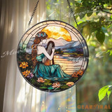 Harp Girl Stained Glass Suncatcher Sunset Lake Window Hanging Tranquil Nature Art Gift for Music Lovers and Boho Decor