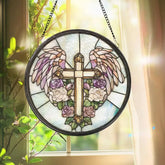 Heavenly Cross Glass Suncatcher Angel Wings Window Decor Christian Gift for Her Spiritual Wall Art Faith-Inspired Home