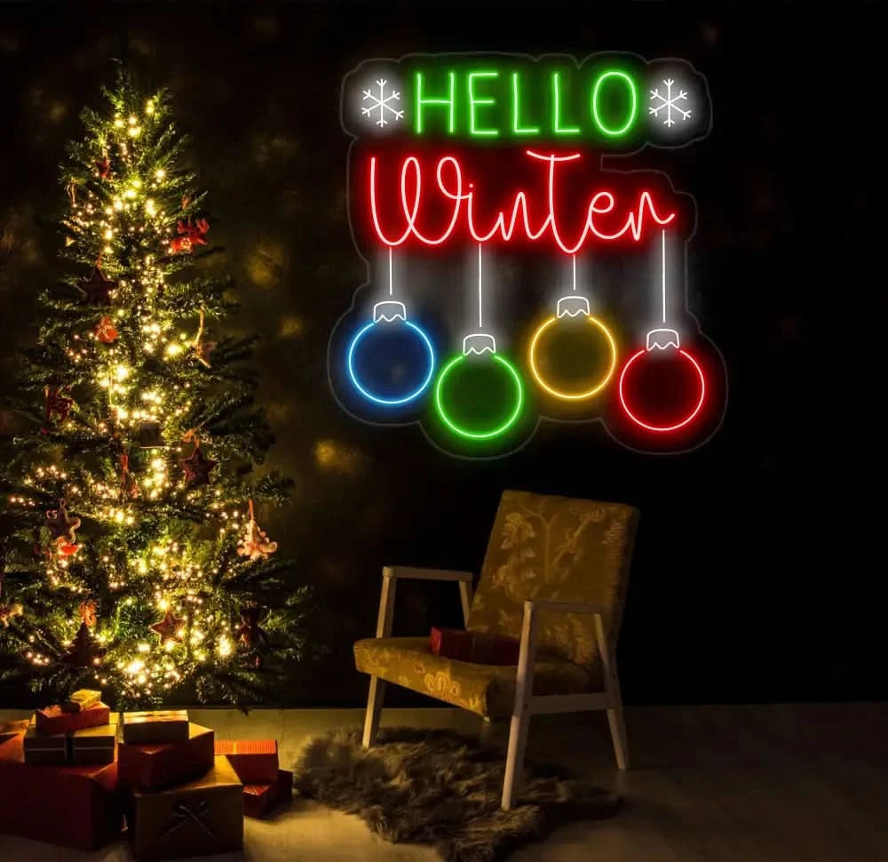 Hello Winter Neon Sign - Merry Christmas LED Light Christmas Quote Wall Art Winter Neon Sign for House Wall Decor