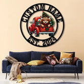 Highland On A Christmas Truck Metal Sign Custom Highland Cow Wall Art Personalized Highland Cow Farm Sign Farmhouse