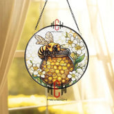 Honey Bee Stained Glass Suncatcher Round Jar of Honey Window Hanging Floral Bee Panel Art Nature-Inspired Gift for