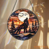 Howling Wolf Stained Glass Suncatcher Full Moon Forest Window Decor Wildlife Rustic Cabin Panel Wolf Lover Gift