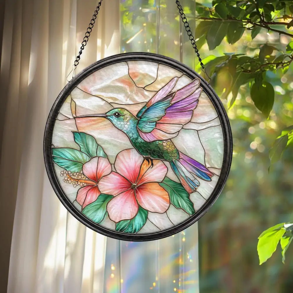 Hummingbird and Hibiscus Glass Wall Hanging Floral Suncatcher Decor Garden Window Accent Gift for Bird Lovers Flower
