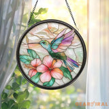 Hummingbird and Hibiscus Glass Wall Hanging Floral Suncatcher Decor Garden Window Accent Gift for Bird Lovers Flower