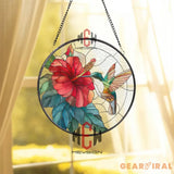 Hummingbird and Hibiscus Stained Glass Suncatcher Tropical Flower Window Panel Bright Nature Decor Gift for Garden and