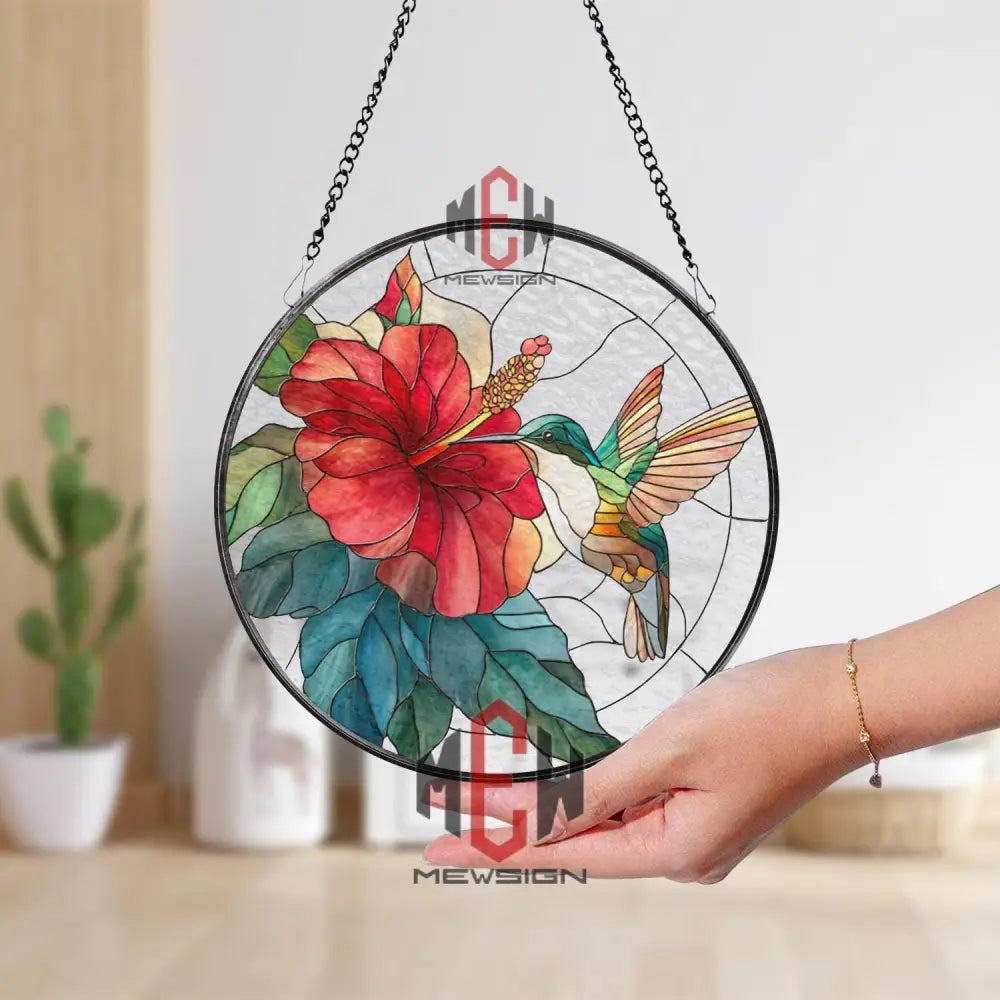 Hummingbird and Hibiscus Stained Glass Suncatcher Tropical Flower Window Panel Bright Nature Decor Gift for Garden and