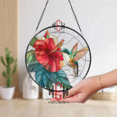 Hummingbird and Hibiscus Stained Glass Suncatcher Tropical Flower Window Panel Bright Nature Decor Gift for Garden and