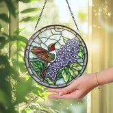 Hummingbird and Lilac Stained Glass Suncatcher Purple Floral Window Hanging Round Glass Bird Art Decor Gift for Nature