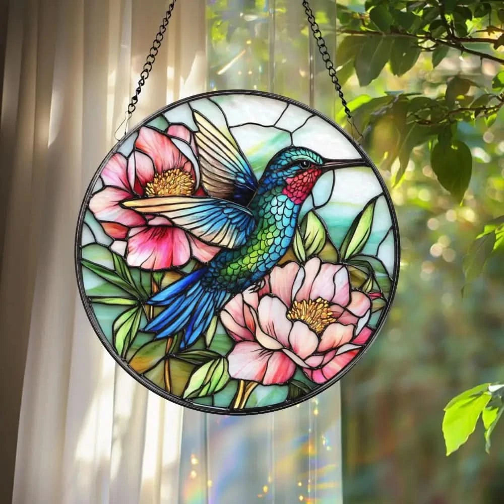 Hummingbird and Peony Stained Glass Suncatcher Floral Window Hanging Art Bird Sun Catcher Gift Garden Window Decor