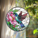 Hummingbird and Pink Peony Stained Glass Suncatcher Floral Round Window Hanging Panel Garden Bird Decor Nature Lover