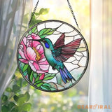 Hummingbird and Pink Peony Stained Glass Suncatcher Floral Round Window Hanging Panel Garden Bird Decor Nature Lover