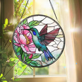Hummingbird and Pink Peony Stained Glass Suncatcher Floral Round Window Hanging Panel Garden Bird Decor Nature Lover