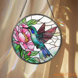 Hummingbird and Pink Peony Stained Glass Suncatcher Floral Round Window Hanging Panel Garden Bird Decor Nature Lover