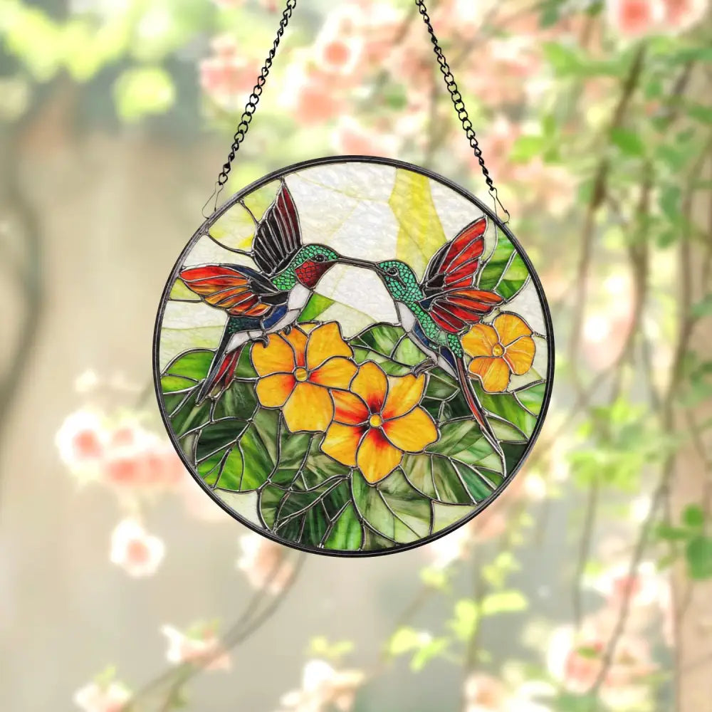 Hummingbird and Yellow Flower Stained Glass Suncatcher Colorful Bird Window Hanging Tropical Garden Glass Art Nature