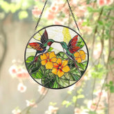 Hummingbird and Yellow Flower Stained Glass Suncatcher Colorful Bird Window Hanging Tropical Garden Glass Art Nature