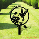 Hummingbird Garden Sign with Flower - Custom Metal Sign - Garden Stake Decor - Garden Metal Sign Hummingbird