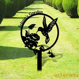 Hummingbird Garden Sign with Flower - Custom Metal Sign - Garden Stake Decor - Garden Metal Sign Hummingbird