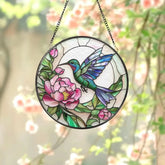 Hummingbird & Peony Stained Glass Suncatcher Pink Floral Window Hanging Round Nature Glass Panel Garden Gift for Bird