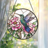Hummingbird Stained Glass Suncatcher Floral Window Hanging Art Peony Bird Sun Catcher Gift Cottagecore Garden Decor